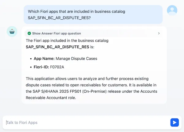 Chat: Which Fiori apps are included in business catalog SAP_SFIN_BC_AR_DISPUTE_RES?