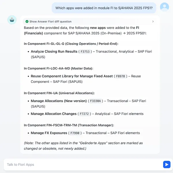 Chat: Which apps were added in module FI to S/4HANA 2025 FPS1?