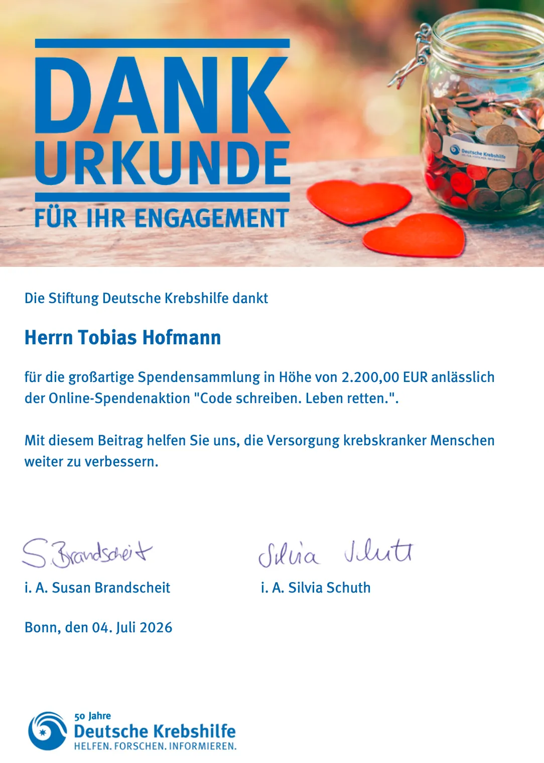Certificate Deutsche Krebshilfe