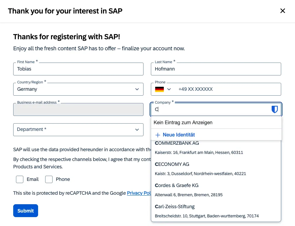 Input field with list of suggested company names