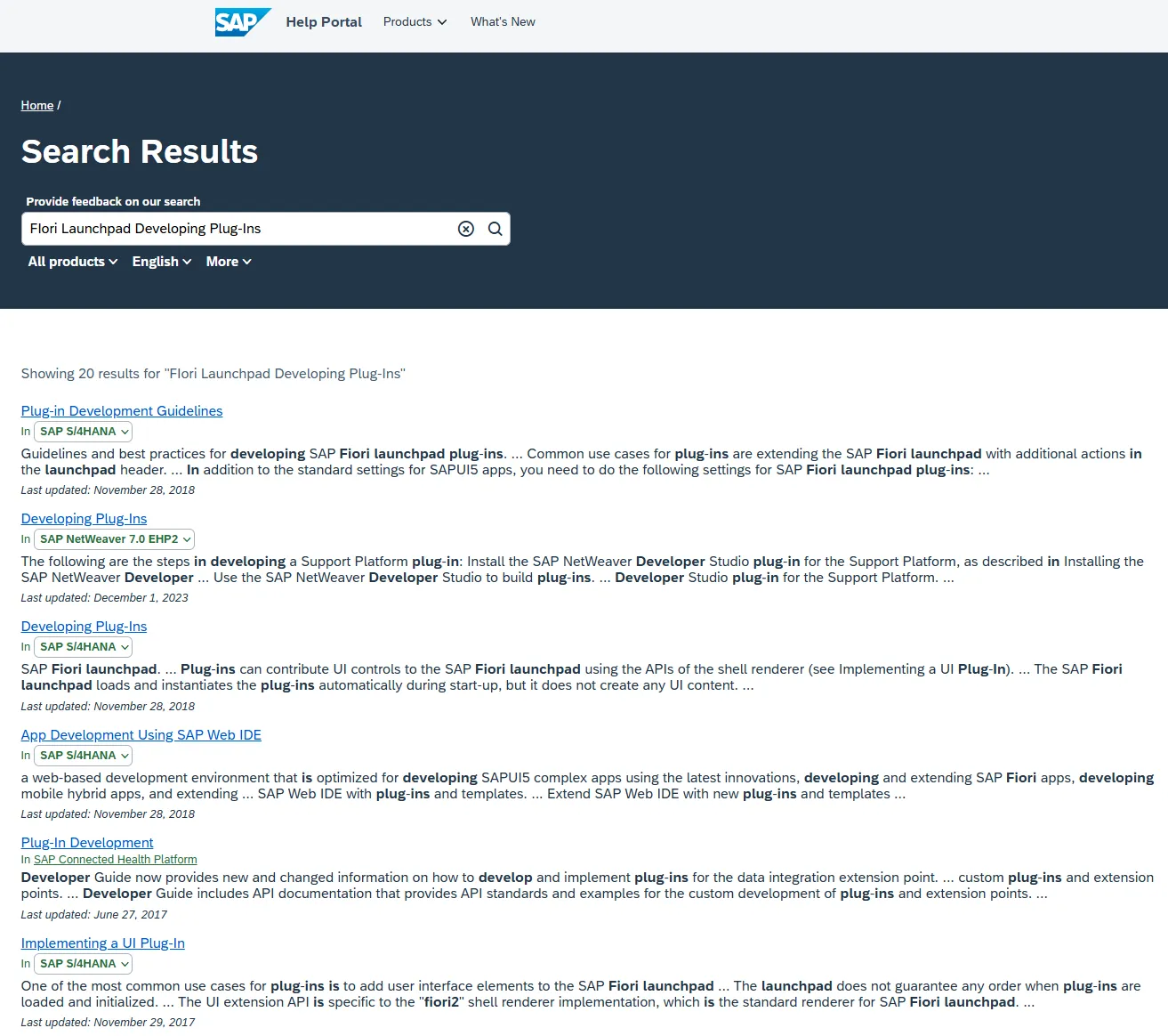SAP Help search results for Fiori Launchapd Developing Plug-Ins