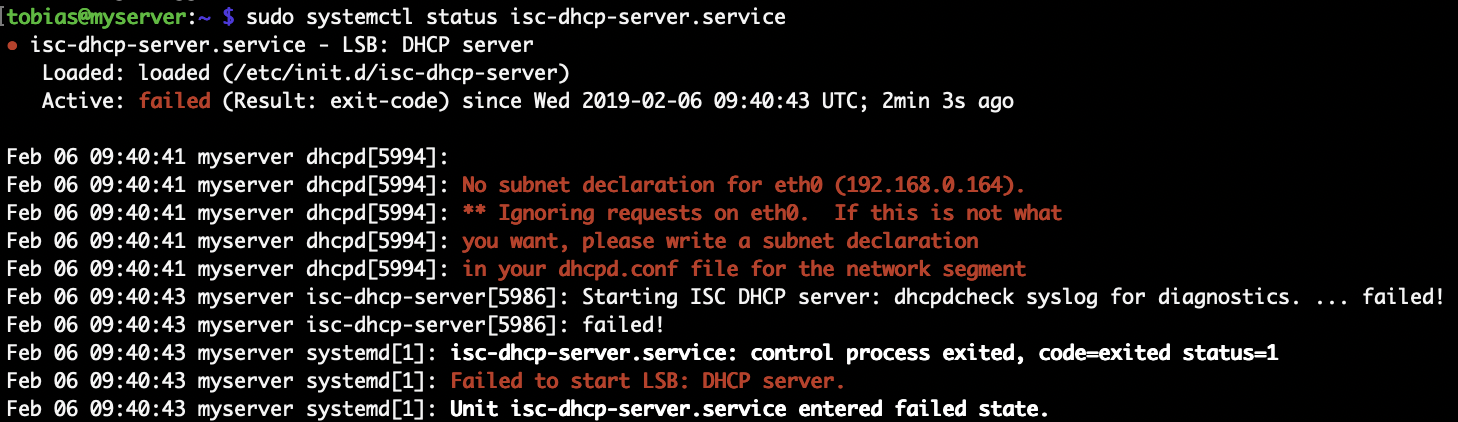 Failed with result exit code. Job for ISC-DHCP-Server Server. Server status.